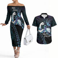 Personalised Polynesia Suicide Prevention Month Couples Matching Off The Shoulder Long Sleeve Dress and Hawaiian Shirt Brave Strong Butterfly Teal Purple Ribbon LT14 Purple - Polynesian Pride