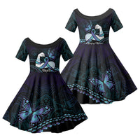 Personalised Polynesia Suicide Prevention Month Family Matching Long Sleeve Bodycon Dress and Hawaiian Shirt Brave Strong Butterfly Teal Purple Ribbon