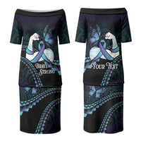 Personalised Polynesia Suicide Prevention Month Family Matching Puletasi and Hawaiian Shirt Brave Strong Butterfly Teal Purple Ribbon LT14 Mom's Dress Purple - Polynesian Pride