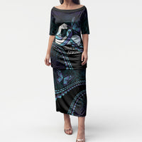 Personalised Polynesia Suicide Prevention Month Puletasi Brave Strong Butterfly Teal Purple Ribbon LT14 Long Dress Purple - Polynesian Pride