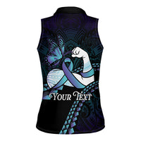 Personalised Polynesia Suicide Prevention Month Women Sleeveless Polo Shirt Brave Strong Butterfly Teal Purple Ribbon LT14 - Polynesian Pride