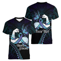 Personalised Polynesia Suicide Prevention Month Women V-Neck T-Shirt Brave Strong Butterfly Teal Purple Ribbon LT14 - Polynesian Pride