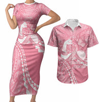 Personalised Polynesia Breast Cancer Awareness Couples Matching Short Sleeve Bodycon Dress and Hawaiian Shirt Brave Strong Butterfly Pink Ribbon LT14 Pink - Polynesian Pride