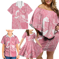 Personalised Polynesia Breast Cancer Awareness Family Matching Off Shoulder Short Dress and Hawaiian Shirt Brave Strong Butterfly Pink Ribbon LT14 - Polynesian Pride