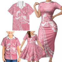 Personalised Polynesia Breast Cancer Awareness Family Matching Short Sleeve Bodycon Dress and Hawaiian Shirt Brave Strong Butterfly Pink Ribbon LT14 - Polynesian Pride