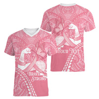 Personalised Polynesia Breast Cancer Awareness Women V-Neck T-Shirt Brave Strong Butterfly Pink Ribbon LT14 - Polynesian Pride