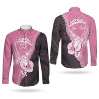 Personalised Polynesia Breast Cancer Awareness Couples Matching Long Sleeve Bodycon Dress and Long Sleeve Button Shirt Fight With Hope Pink Ribbon Boxing Gloves