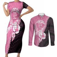 Personalised Polynesia Breast Cancer Awareness Couples Matching Short Sleeve Bodycon Dress and Long Sleeve Button Shirt Fight With Hope Pink Ribbon Boxing Gloves