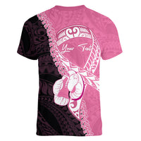 Personalised Polynesia Breast Cancer Awareness Women V-Neck T-Shirt Fight With Hope Pink Ribbon Boxing Gloves