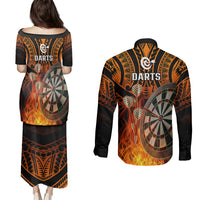 Personalised Polynesian Darts Couples Matching Puletasi Dress and Long Sleeve Button Shirts Fire Burning With Tribal Tattoo LT14 - Polynesian Pride