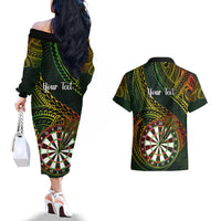 Personalised Polynesian Darts Couples Matching Off The Shoulder Long Sleeve Dress and Hawaiian Shirt Dart Lovers Tribal Pattern Mix Tropical Leaves LT14 - Polynesian Pride