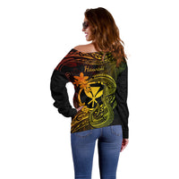 Hawaii Off Shoulder Sweater Fish Hook Tattoo Mix Polynesian Plumeria Reggae Version LT14 - Polynesian Pride
