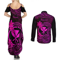 Hawaii Couples Matching Summer Maxi Dress and Long Sleeve Button Shirts Fish Hook Tattoo Mix Polynesian Plumeria Pink Version LT14 - Polynesian Pride