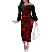 Hawaii Family Matching Off Shoulder Long Sleeve Dress and Hawaiian Shirt Fish Hook Tattoo Mix Polynesian Plumeria Red Version LT14 Mom's Dress Red - Polynesian Pride