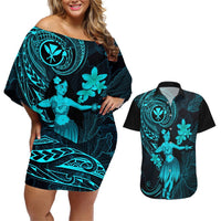 Hawaii Couples Matching Off Shoulder Short Dress and Hawaiian Shirt Hula Girl Mix Polynesian Plumeria Turquoise Version LT14 Turquoise - Polynesian Pride