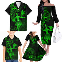 Hawaii Family Matching Off Shoulder Long Sleeve Dress and Hawaiian Shirt Hula Girl Mix Polynesian Plumeria Green Version LT14 - Polynesian Pride