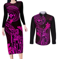 Hawaii Couples Matching Long Sleeve Bodycon Dress and Long Sleeve Button Shirts King Kamehameha Mix Polynesian Plumeria Pink Version LT14 Pink - Polynesian Pride