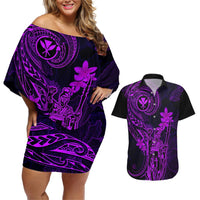 Hawaii Couples Matching Off Shoulder Short Dress and Hawaiian Shirt King Kamehameha Mix Polynesian Plumeria Purple Version LT14 Purple - Polynesian Pride