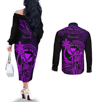 Hawaii Couples Matching Off The Shoulder Long Sleeve Dress and Long Sleeve Button Shirts King Kamehameha Mix Polynesian Plumeria Purple Version LT14 - Polynesian Pride