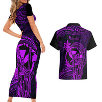 Hawaii Couples Matching Short Sleeve Bodycon Dress and Hawaiian Shirt King Kamehameha Mix Polynesian Plumeria Purple Version LT14 - Polynesian Pride