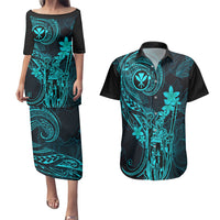 Hawaii Couples Matching Puletasi Dress and Hawaiian Shirt King Kamehameha Mix Polynesian Plumeria Turquoise Version LT14 Turquoise - Polynesian Pride