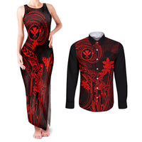 Hawaii Couples Matching Tank Maxi Dress and Long Sleeve Button Shirts King Kamehameha Mix Polynesian Plumeria Red Version LT14 Red - Polynesian Pride