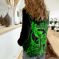 Hawaii Women Casual Shirt King Kamehameha Mix Polynesian Plumeria Green Version LT14 - Polynesian Pride