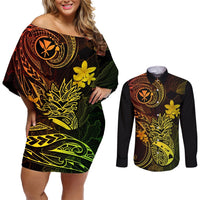 Hawaii Couples Matching Off Shoulder Short Dress and Long Sleeve Button Shirts Pineapple Mix Polynesian Plumeria Reggae Version LT14 Reggae - Polynesian Pride