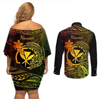 Hawaii Couples Matching Off Shoulder Short Dress and Long Sleeve Button Shirts Pineapple Mix Polynesian Plumeria Reggae Version LT14 - Polynesian Pride