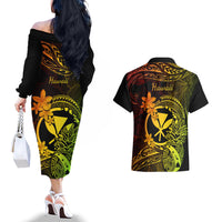 Hawaii Couples Matching Off The Shoulder Long Sleeve Dress and Hawaiian Shirt Pineapple Mix Polynesian Plumeria Reggae Version LT14 - Polynesian Pride