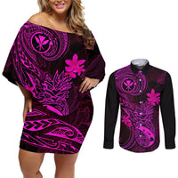 Hawaii Couples Matching Off Shoulder Short Dress and Long Sleeve Button Shirts Pineapple Mix Polynesian Plumeria Pink Version LT14 Pink - Polynesian Pride