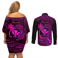 Hawaii Couples Matching Off Shoulder Short Dress and Long Sleeve Button Shirts Pineapple Mix Polynesian Plumeria Pink Version LT14 - Polynesian Pride