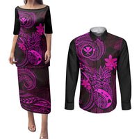 Hawaii Couples Matching Puletasi Dress and Long Sleeve Button Shirts Pineapple Mix Polynesian Plumeria Pink Version LT14 Pink - Polynesian Pride