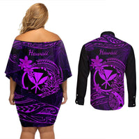Hawaii Couples Matching Off Shoulder Short Dress and Long Sleeve Button Shirts Pineapple Mix Polynesian Plumeria Purple Version LT14 - Polynesian Pride