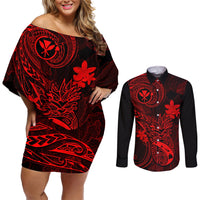 Hawaii Couples Matching Off Shoulder Short Dress and Long Sleeve Button Shirts Pineapple Mix Polynesian Plumeria Red Version LT14 Red - Polynesian Pride