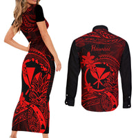 Hawaii Couples Matching Short Sleeve Bodycon Dress and Long Sleeve Button Shirts Pineapple Mix Polynesian Plumeria Red Version LT14 - Polynesian Pride