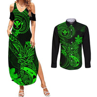 Hawaii Couples Matching Summer Maxi Dress and Long Sleeve Button Shirts Pineapple Mix Polynesian Plumeria Green Version LT14 Green - Polynesian Pride