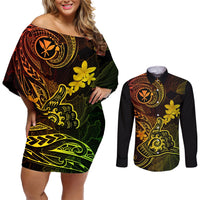 hawaii-couples-matching-off-shoulder-short-dress-and-long-sleeve-button-shirts-shaka-tattoo-mix-polynesian-plumeria-reggae-version