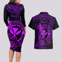 Hawaii Couples Matching Long Sleeve Bodycon Dress and Hawaiian Shirt Shaka Tattoo Mix Polynesian Plumeria Purple Version LT14 - Polynesian Pride