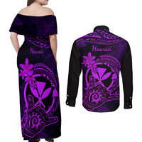 hawaii-couples-matching-off-shoulder-maxi-dress-and-long-sleeve-button-shirts-shaka-tattoo-mix-polynesian-plumeria-purple-version