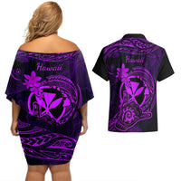 Hawaii Couples Matching Off Shoulder Short Dress and Hawaiian Shirt Shaka Tattoo Mix Polynesian Plumeria Purple Version LT14 - Polynesian Pride