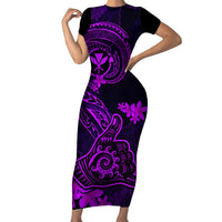 Hawaii Family Matching Short Sleeve Bodycon Dress and Hawaiian Shirt Shaka Tattoo Mix Polynesian Plumeria Purple Version LT14 Mom's Dress Purple - Polynesian Pride