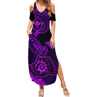 Hawaii Family Matching Summer Maxi Dress and Hawaiian Shirt Shaka Tattoo Mix Polynesian Plumeria Purple Version LT14 Daughter's Dress Purple - Polynesian Pride