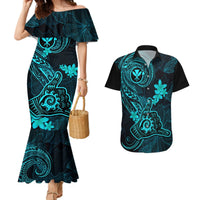 Hawaii Couples Matching Mermaid Dress and Hawaiian Shirt Shaka Tattoo Mix Polynesian Plumeria Turquoise Version LT14 Turquoise - Polynesian Pride
