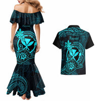 Hawaii Couples Matching Mermaid Dress and Hawaiian Shirt Shaka Tattoo Mix Polynesian Plumeria Turquoise Version LT14 - Polynesian Pride