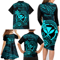 Hawaii Family Matching Long Sleeve Bodycon Dress and Hawaiian Shirt Shaka Tattoo Mix Polynesian Plumeria Turquoise Version LT14 - Polynesian Pride