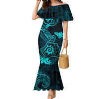 Hawaii Family Matching Mermaid Dress and Hawaiian Shirt Shaka Tattoo Mix Polynesian Plumeria Turquoise Version LT14 Mom's Dress Turquoise - Polynesian Pride