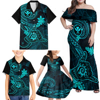 Hawaii Family Matching Off Shoulder Maxi Dress and Hawaiian Shirt Shaka Tattoo Mix Polynesian Plumeria Turquoise Version LT14 - Polynesian Pride