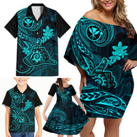 Hawaii Family Matching Off Shoulder Short Dress and Hawaiian Shirt Shaka Tattoo Mix Polynesian Plumeria Turquoise Version LT14 - Polynesian Pride