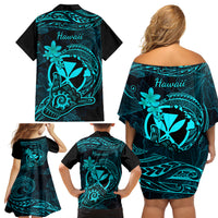 Hawaii Family Matching Off Shoulder Short Dress and Hawaiian Shirt Shaka Tattoo Mix Polynesian Plumeria Turquoise Version LT14 - Polynesian Pride
